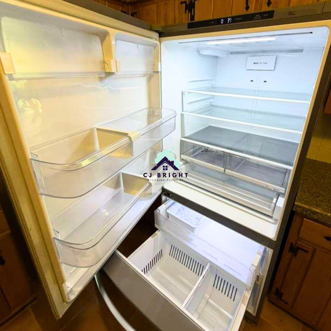 Refrigerator detail — before and after cleaning by CJ Bright Cleaning Service