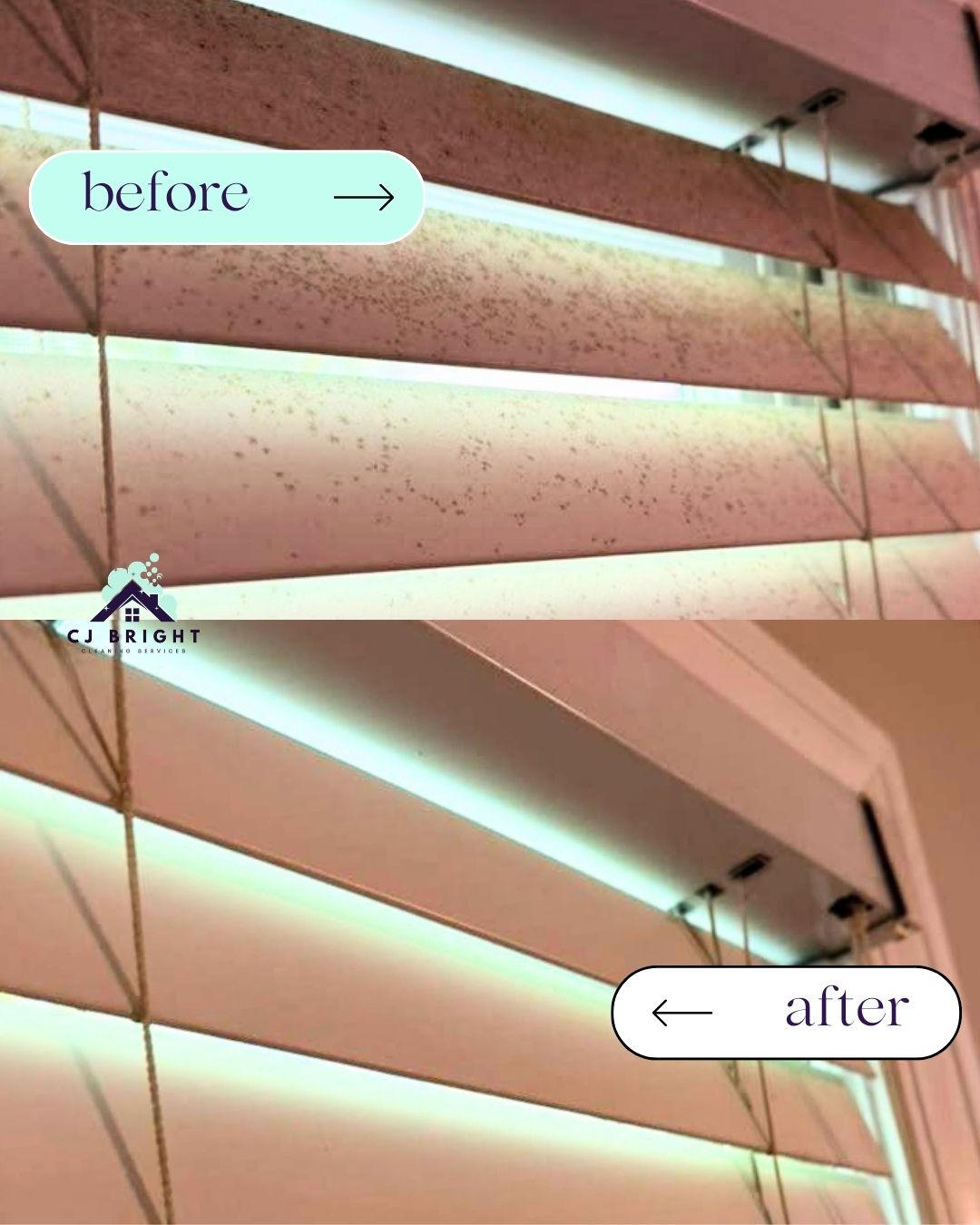 Window blinds detail — before and after cleaning by CJ Bright Cleaning Service